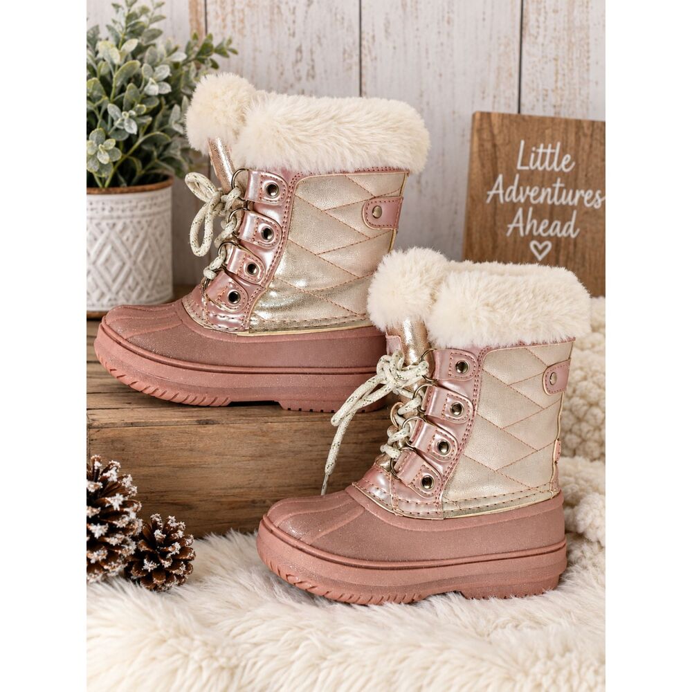 LONDON FOG Glitter Pink Lace Up Sz 9 Little Girls Insulated Snow Winter Boots